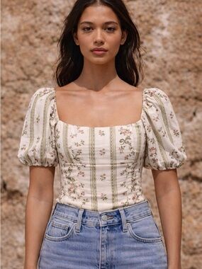 Reformation Arancini Linen Puffed Sleeve Top in Heath Floral Size 2